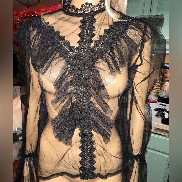 🖤 L.I.F.E “Love Is For Eternity” Black Sheer Ruffle Mesh Top - Size M - Picture 9 of 15
